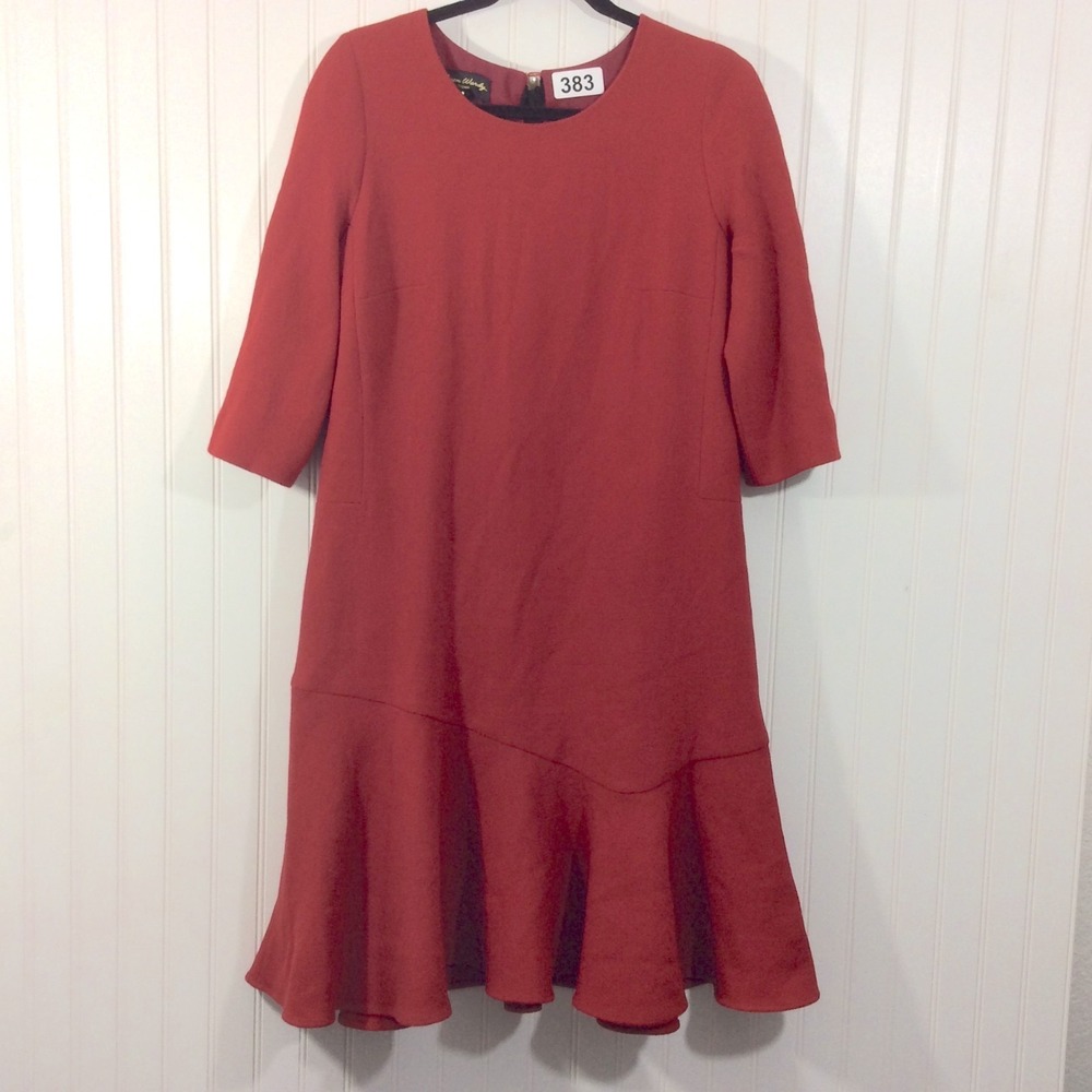 Amen Wardy Dress Red Ruffle Wool MIDI 3/4 Sleeve Size 44 Taille US 14 Poland